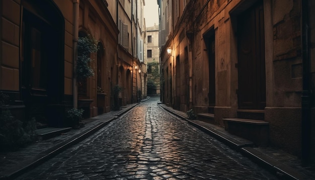 Foto la calle de una ciudad italiana medieval iluminada por linternas al anochecer generadas por inteligencia artificial