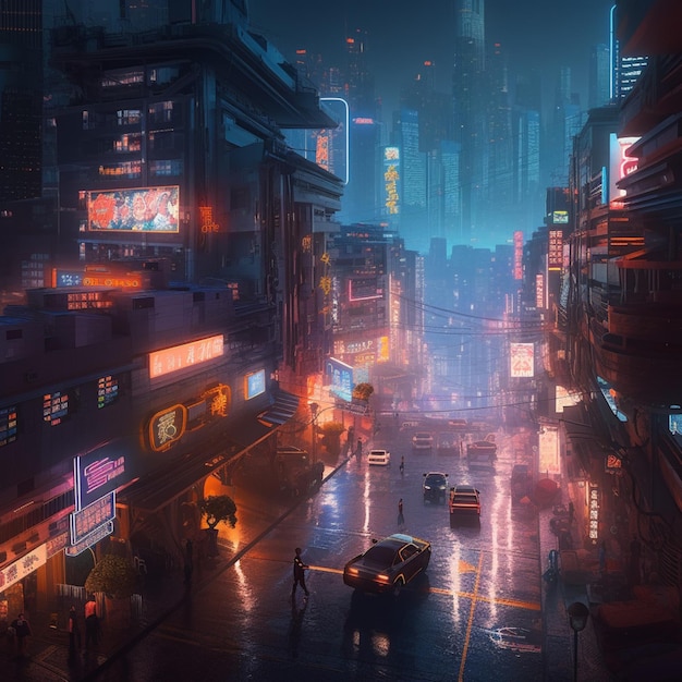 Una calle de la ciudad con un letrero de neón que dice "cyberpunk"