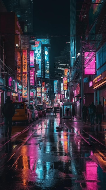 Una calle de la ciudad con letreros de neón y un edificio con un letrero que dice "ciudad de las luces"