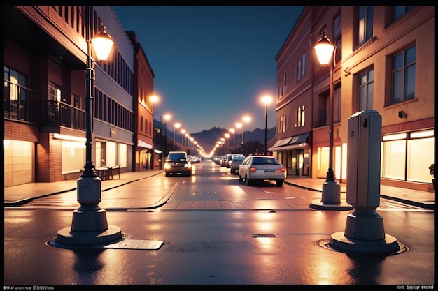 La calle de la ciudad, la línea de tráfico, el cruce de carreteras, las luces de la calle, el fondo del papel tapiz de la ciudad.