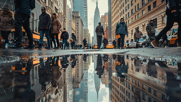 Calle de la ciudad llena de gente cruzando la carretera Reflexión de los edificios y el cielo en un charco en el suelo