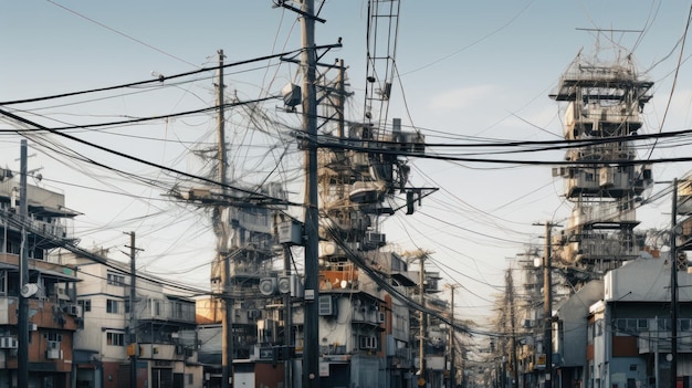 Una calle de la ciudad llena de muchas líneas eléctricas.