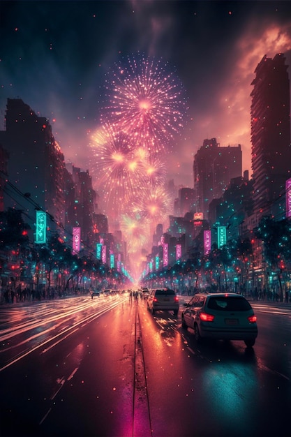 Calle de la ciudad llena de mucho tráfico y ai generativa de fuegos artificiales