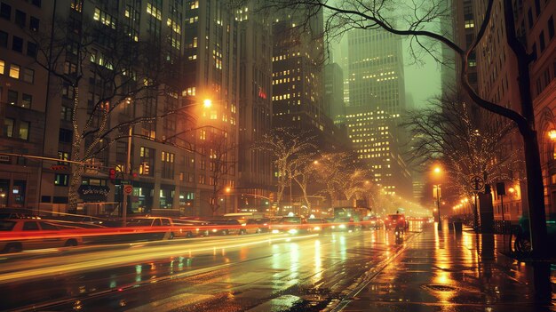 La calle de la ciudad con luces borrosas por la noche La calle está mojada por la lluvia y las luces de los coches se reflejan en los charcos