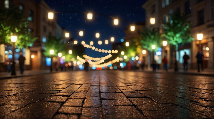 una calle de la ciudad con luces de Navidad y un fondo borroso