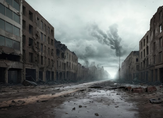 Foto una calle de la ciudad con mucho humo de fondo