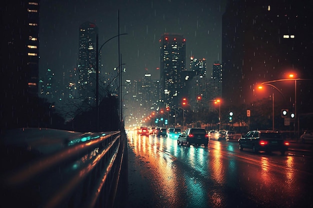 Calle de la ciudad por la noche con autos en la carretera y una calle empapada de lluvia con luces en la calle y edificios generativos ai