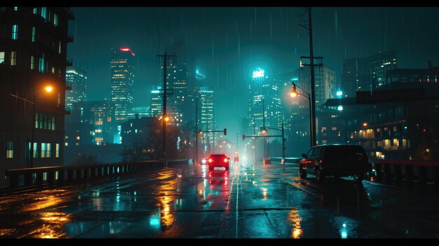 Una calle de la ciudad por la noche con coches conduciendo bajo la lluvia