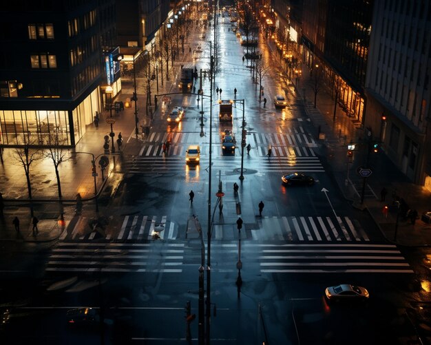 una calle de la ciudad por la noche con un cruce peatonal y un cruce peatonal.