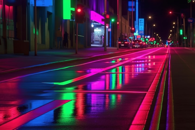 Una calle de la ciudad por la noche con luces de neón y un letrero que dice no caminar