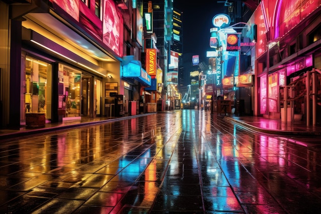 Una calle de la ciudad por la noche con luces de neón.