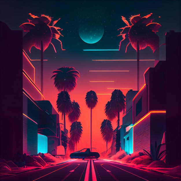 Calle de la ciudad de noche con palmeras y carretera en la ilustración de la noche