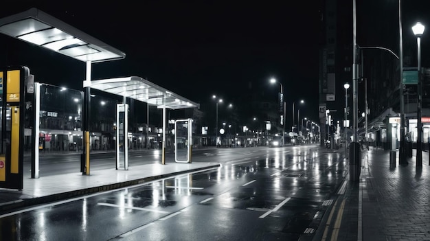 Calle de la ciudad por la noche con parada de autobús