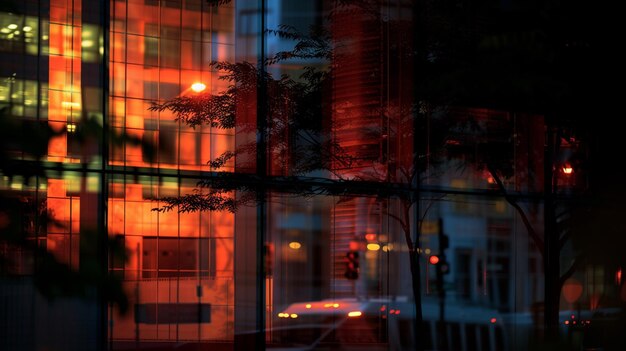 La calle de la ciudad por la noche con el reflejo de los edificios