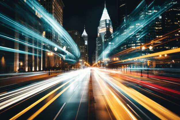 Foto una calle de la ciudad por la noche con senderos de luz