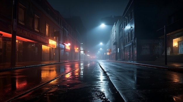 Foto calle de la ciudad nocturna en un día de niebla con pavimento mojado y coches