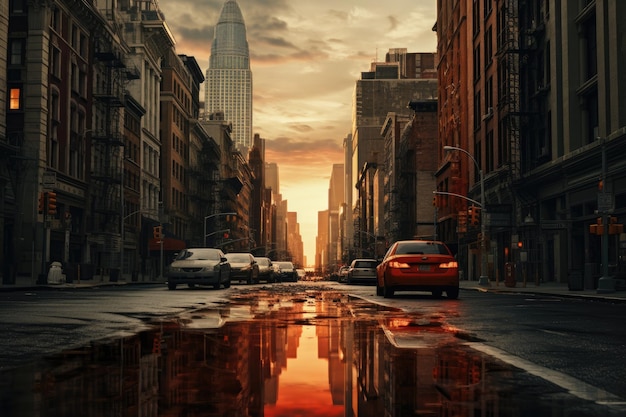 Calle de la ciudad de nueva york al atardecer