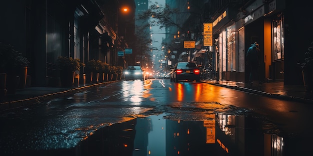 Calle de la ciudad de Nueva York en la noche calle mojada AIGenerated