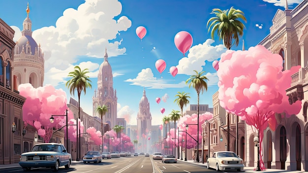 una calle de la ciudad con palmeras y un globo rosa en el cielo.