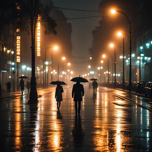 Foto una calle de la ciudad con personas caminando en la lluvia con paraguas