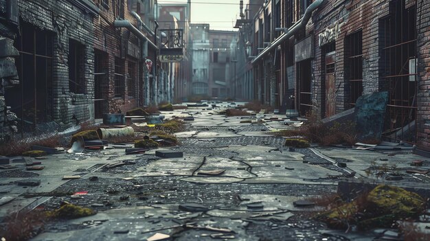 Una calle de la ciudad post-apocalíptica con pavimento roto cubierto de malezas