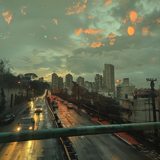 una calle de la ciudad con un puente y un coche conduciendo en él