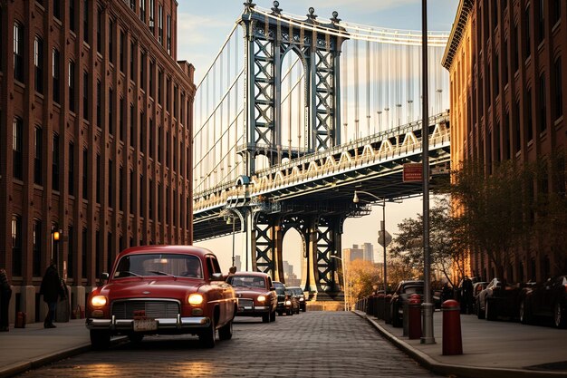 Foto una calle de la ciudad con un puente y coches que lo conducen