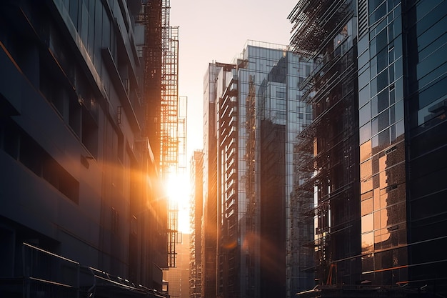 Una calle de la ciudad con una puesta de sol de fondo