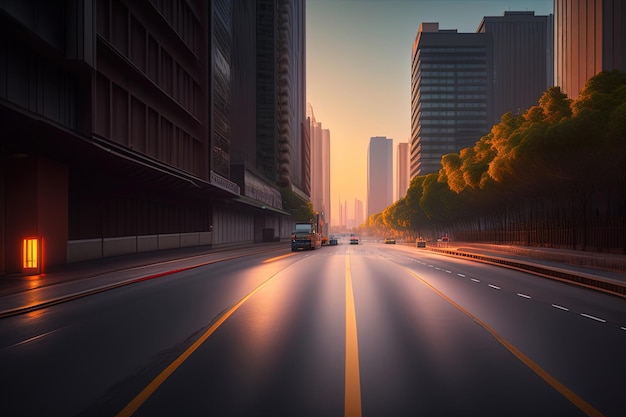 Una calle de la ciudad con una puesta de sol de fondo