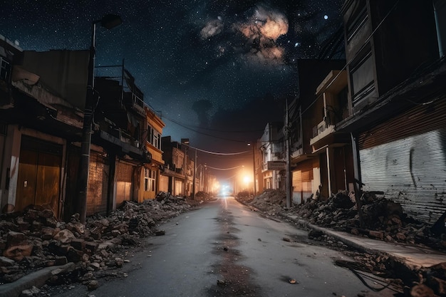 Calle de la ciudad quemada por la noche con vista de las estrellas y la luna en el cielo creada con ai generativo