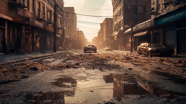 Una calle de la ciudad quemada sin vida escena apocalíptica IA generativa