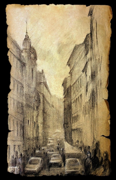 Calle de la ciudad de Roma, Italia pintada en papel antiguo aislado en negro.