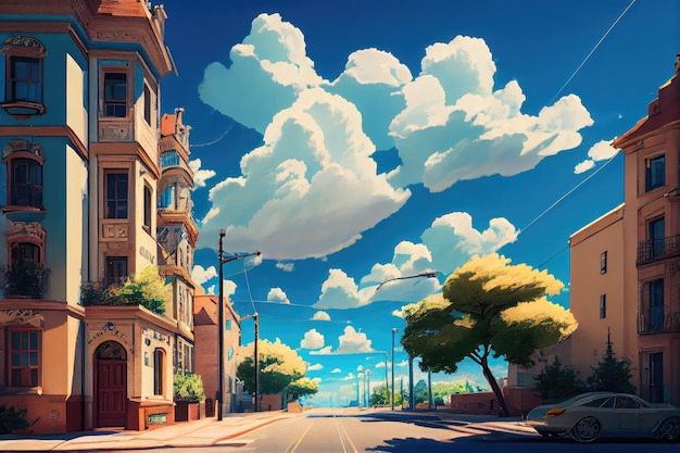 Calle de la ciudad serena con cielo azul claro y nubes esponjosas visibles en el fondo