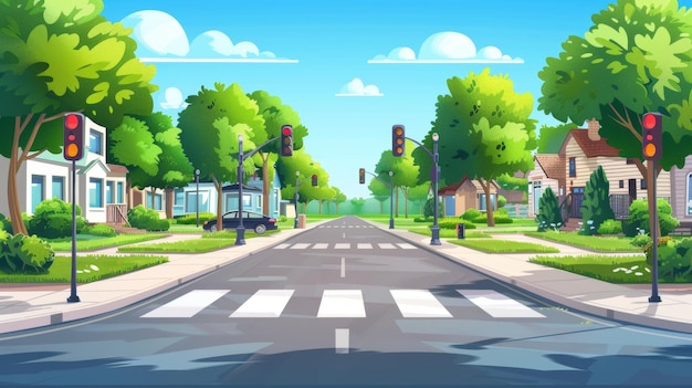 Una calle de la ciudad suburbana con cruces peatonales Una ilustración moderna de dibujos animados de un barrio residencial con casas señales de tráfico y señales de parada césped verde y árboles y cielos azules en el