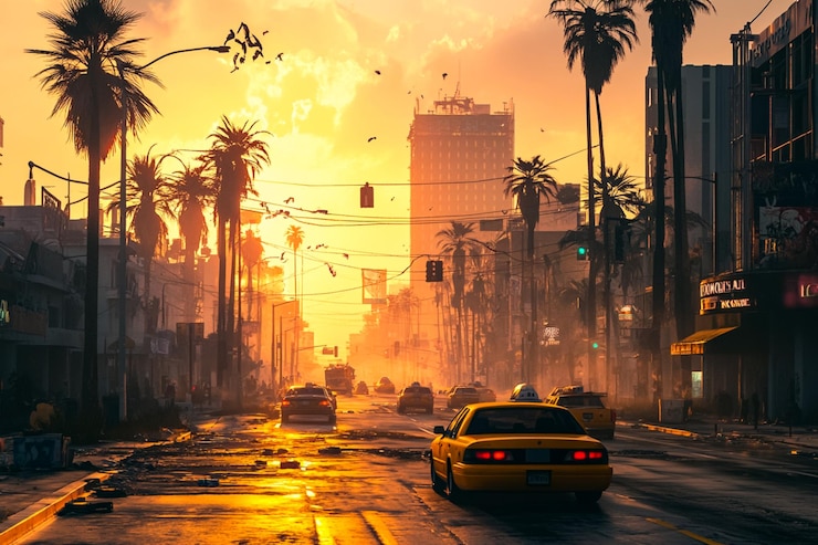 una calle de la ciudad con un taxi amarillo y palmeras
