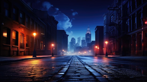 Calle de la ciudad con telón de fondo nocturno