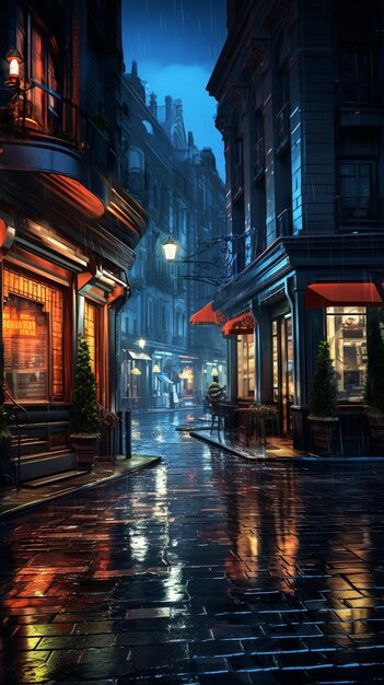 La calle de la ciudad vieja lloviendo por la noche renderización 3D