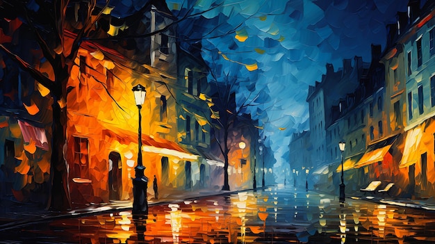 calle de la ciudad visible noche intensamente aceite lloviendo cálida interpretación sueños poesía poco de pared azul naranja