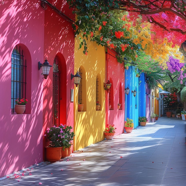 una calle colorida con una casa amarilla con una puerta rosa y una puerta amarilla