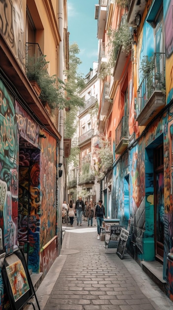 Una calle colorida con graffiti y una persona caminando.