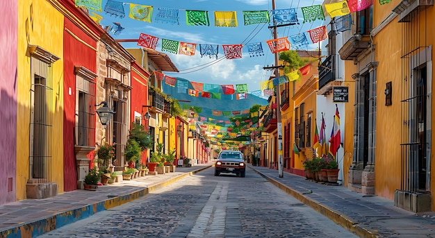 Una calle colorida en Oaxaca, México, con edificios