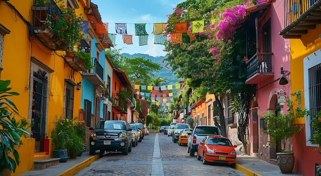 Una calle colorida en Oaxaca, México, con edificios