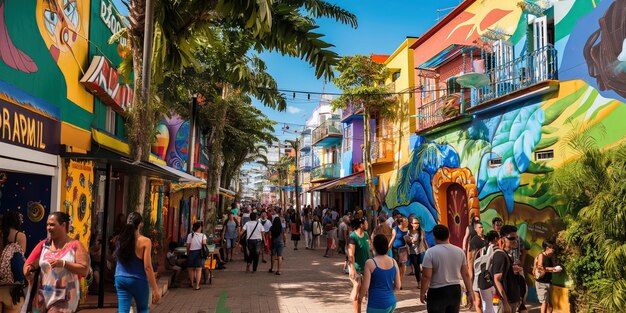 Foto una calle colorida con personas caminando y un edificio con un mural en el lado