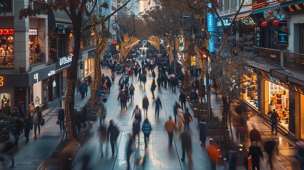 Calle comercial abarrotada con movimiento borroso de personas caminando por una acera ocupada por la noche con luces de colores y una tienda en el fondo