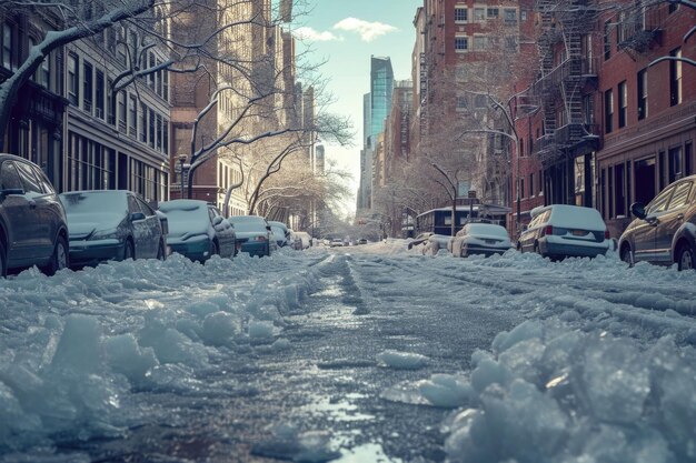 Una calle congelada en la ciudad resultado del calentamiento global y el cambio climático