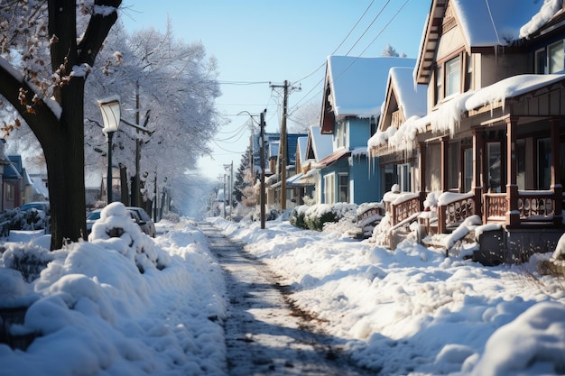 Calle cubierta de nieve en los suburbios en invierno en la víspera de Año Nuevo