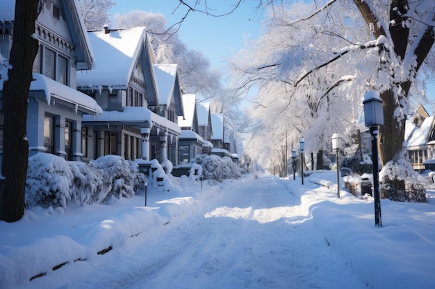 Calle cubierta de nieve en los suburbios en invierno en la víspera de Año Nuevo