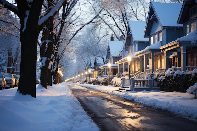 Calle cubierta de nieve en los suburbios en invierno en la víspera de Año Nuevo