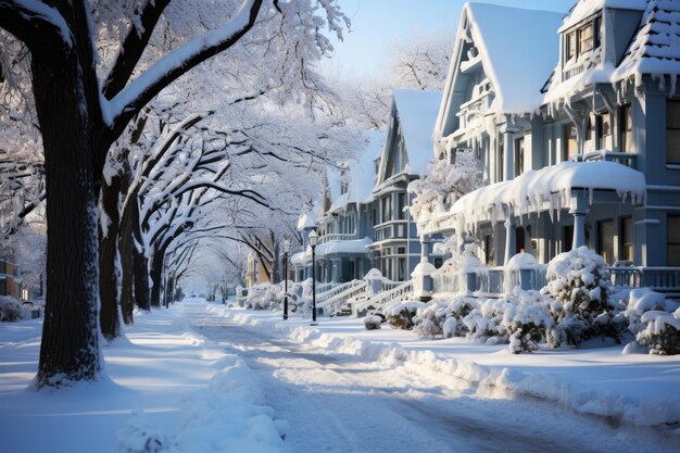 Calle cubierta de nieve en los suburbios en invierno en la víspera de Año Nuevo