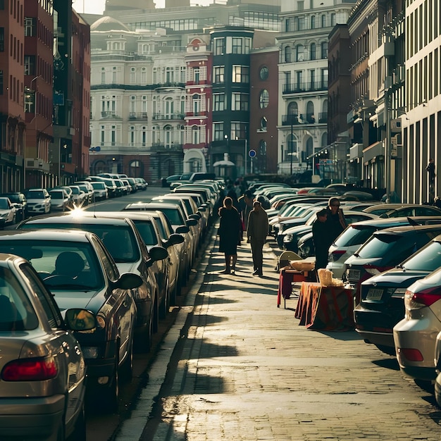 La calle debe estar alineada con otros coches estacionados y edificios foto